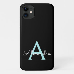 Teal Aqua Blue Girly Script Monogram Name Modern iPhone 11 Case