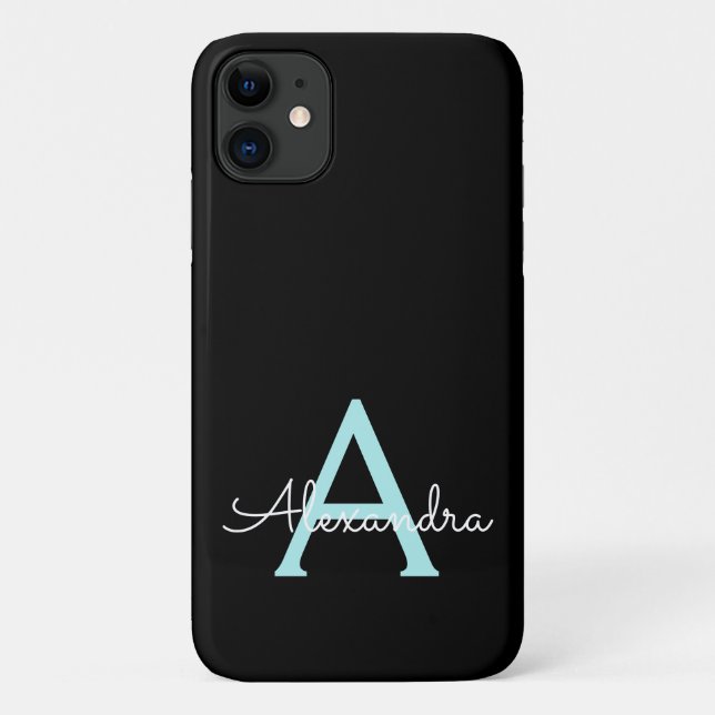 Teal Aqua Blue Girly Script Monogram Name Modern Case-Mate iPhone Case (Back)