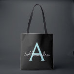 Teal Aqua Blue Girly Script Monogram Name Modern Tote Bag<br><div class="desc">Black and Teal Aqua Blue Elegant Add Your Own Name Monogram Book Bag. This Book Bag can be customized to include your initial and first name and given as a gift for Christmas,  Sweet 16 Birthday,  Bridal Shower or a Wedding.</div>