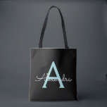 Teal Aqua Blue Girly Script Monogram Name Modern Tote Bag<br><div class="desc">Black and Teal Aqua Blue Elegant Add Your Own Name Monogram Book Bag. This Book Bag can be customized to include your initial and first name and given as a gift for Christmas,  Sweet 16 Birthday,  Bridal Shower or a Wedding.</div>