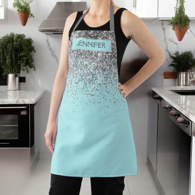 Teal Aqua Blue Glitter Girly Monogram Name Apron (Creator Uploaded)