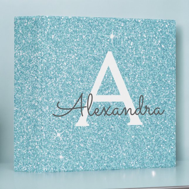 Teal Aqua Blue Glitter & Sparkle Monogram Binder (Creator Uploaded)
