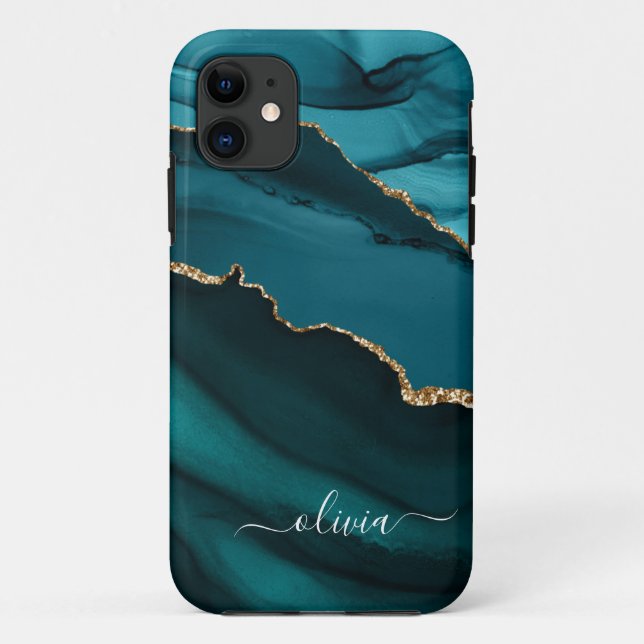 Teal Aqua Blue Green Agate Geode Gold Monogram Case-Mate iPhone Case (Back)