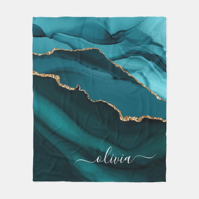 Teal Aqua Blue Green Agate Geode Gold Monogram Fleece Blanket (Front)
