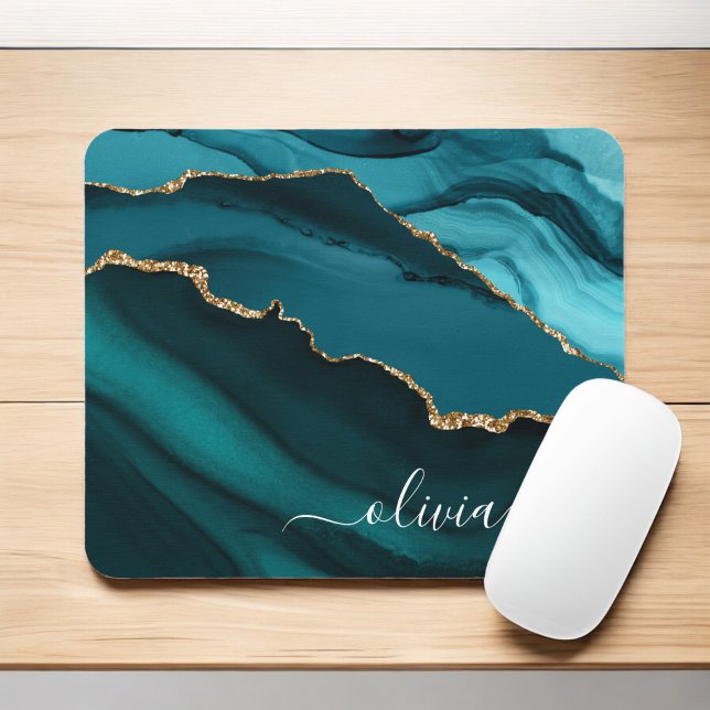 Teal Aqua Blue Green Agate Geode Gold Monogram Mouse Pad (Creator Uploaded)