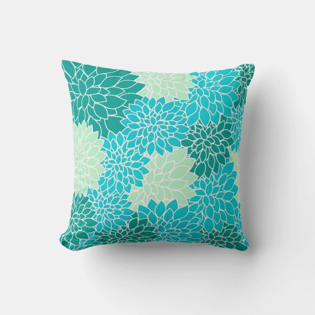Teal Aqua Blue Green Flowers Floral Throw Pillow (Front)