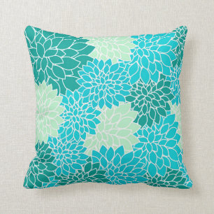 Teal Aqua Blue Green Flowers Floral Throw Pillow