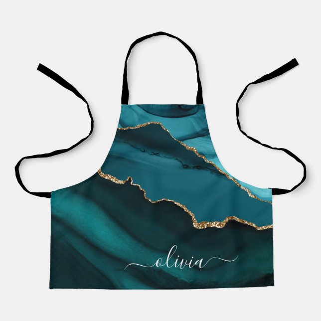 Teal Aqua Blue Green Geode Gold Monogram Apron (Front)