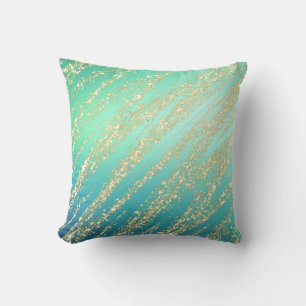 Teal Aqua Blue Green Turquoise Gold Throw Pillow