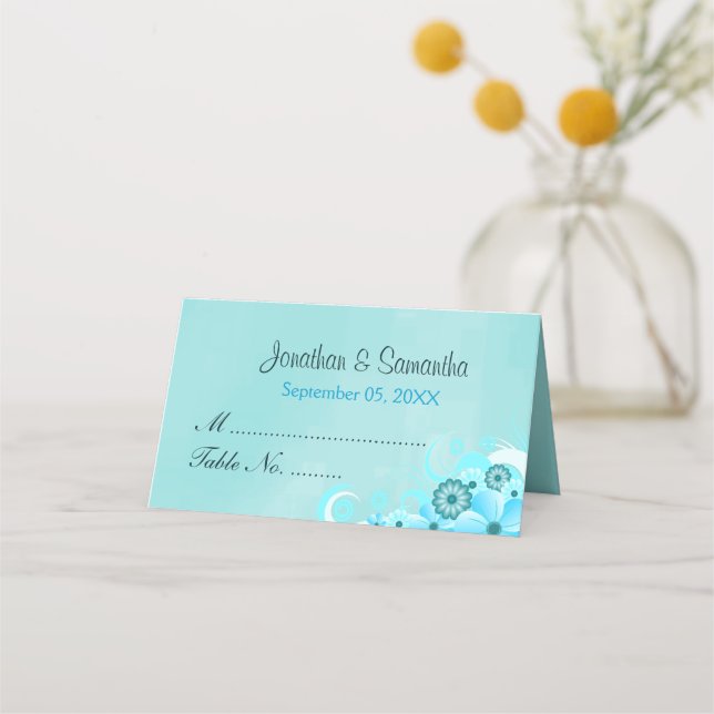 Teal Aqua Blue Hibiscus Floral Folded Table Place Card (Front)