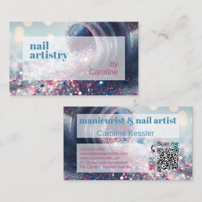 Teal Aqua Blue Hot Pink Glitter Nail Polish Business Card (Front/Back)