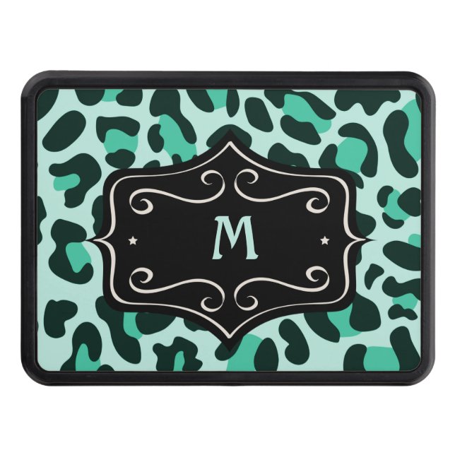 Teal Aqua Blue Leopard Print Monogram Trailer  Trailer Hitch Cover (Front)