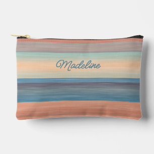 Teal Aqua Blue Peach Orange Watercolor Stripes Accessory Pouch