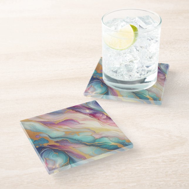 Teal Aqua Blue Purple Pink Gold Marble Art Pattern Glass Coaster (Angled)