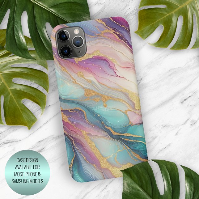 Teal Aqua Blue Purple Pink Gold Marble Art Pattern iPhone Case (Creator Uploaded)