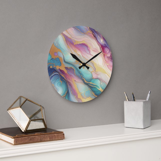 Teal Aqua Blue Purple Pink Gold Marble Art Pattern Large Clock (Office)