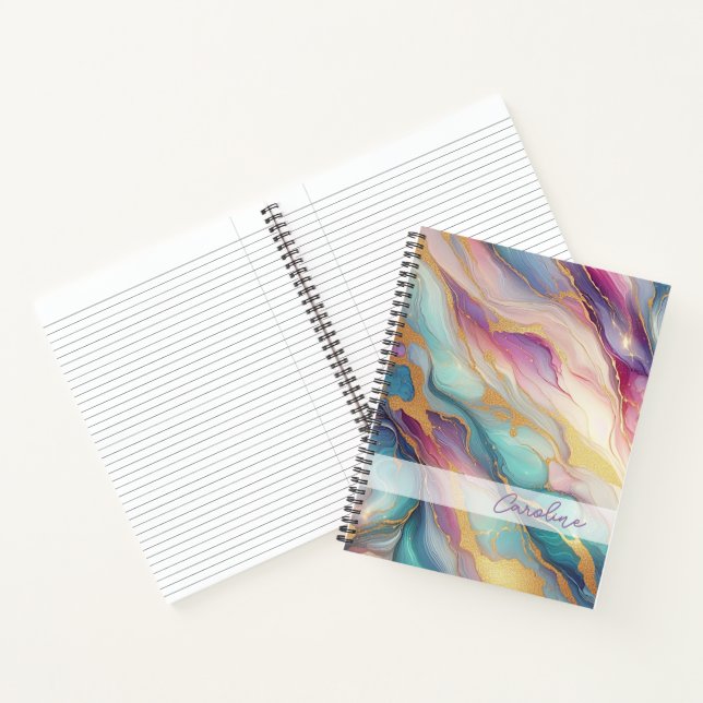 Teal Aqua Blue Purple Pink Gold Marble Art Pattern Notebook (Inside)