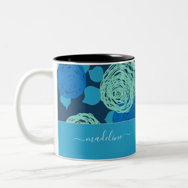 Teal Aqua Blue Roses Monogram Custom Name Two-Tone Coffee Mug (Left)