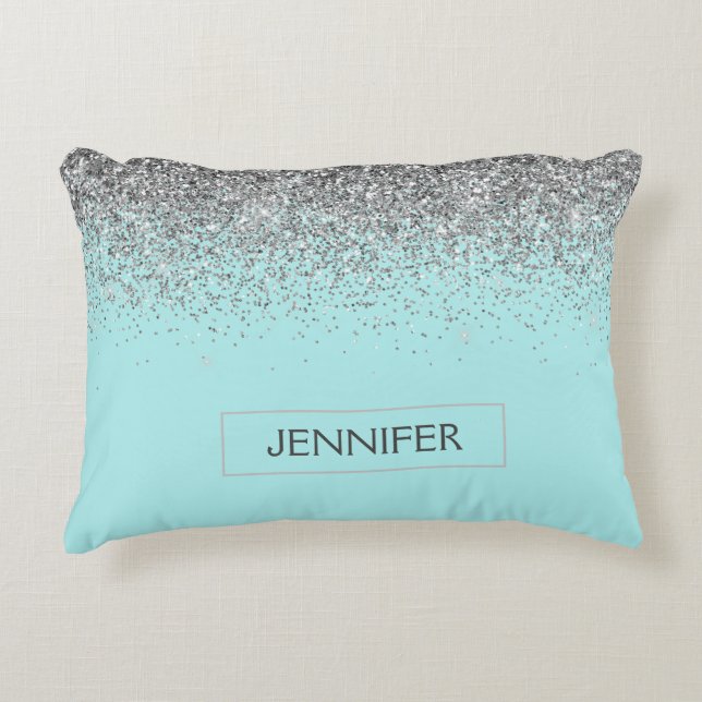 Teal Aqua Blue Silver Glitter Girly Monogram Name Accent Pillow (Front)