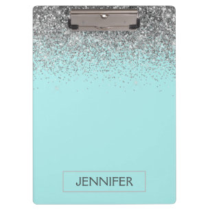 Teal Aqua Blue  Silver Glitter Girly Monogram Name Clipboard