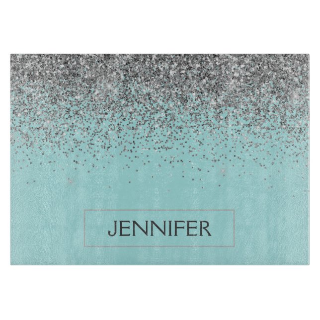 Teal Aqua Blue Silver Glitter Girly Monogram Name Cutting Board (Front)