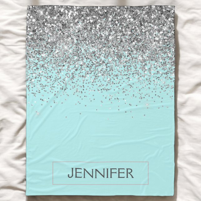 Teal Aqua Blue Silver Glitter Girly Monogram Name Fleece Blanket (Creator Uploaded)