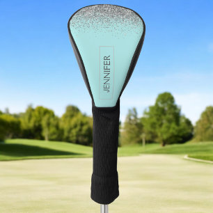 Teal Aqua Blue Silver Glitter Girly Monogram Name Golf Head Cover