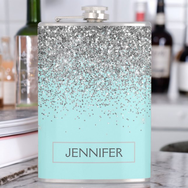 Teal Aqua Blue  Silver Glitter Girly Monogram Name Hip Flask (Creator Uploaded)