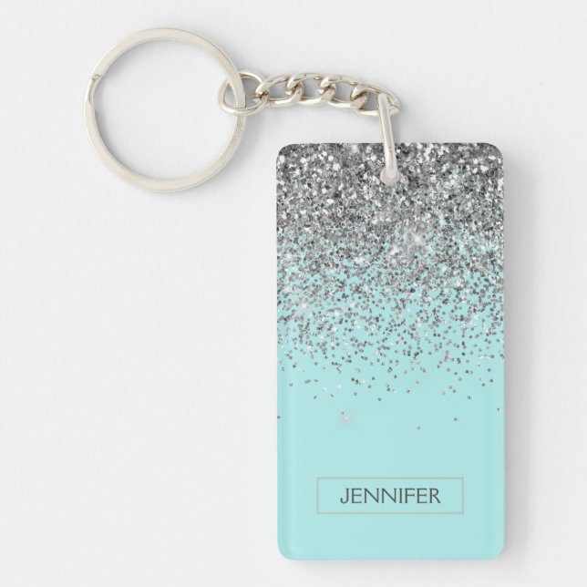 Teal Aqua Blue Silver Glitter Girly Monogram Name Keychain (Front)