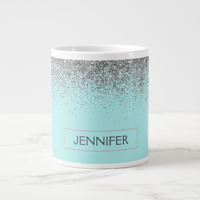 Teal Aqua Blue Silver Glitter Girly Monogram Name Large Coffee Mug (Front)