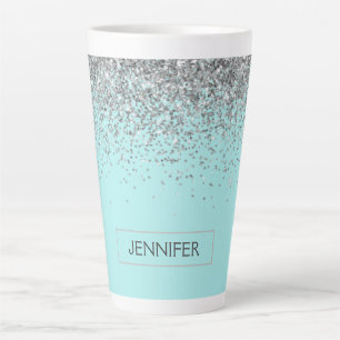 Teal Aqua Blue Silver Glitter Girly Monogram Name Latte Mug