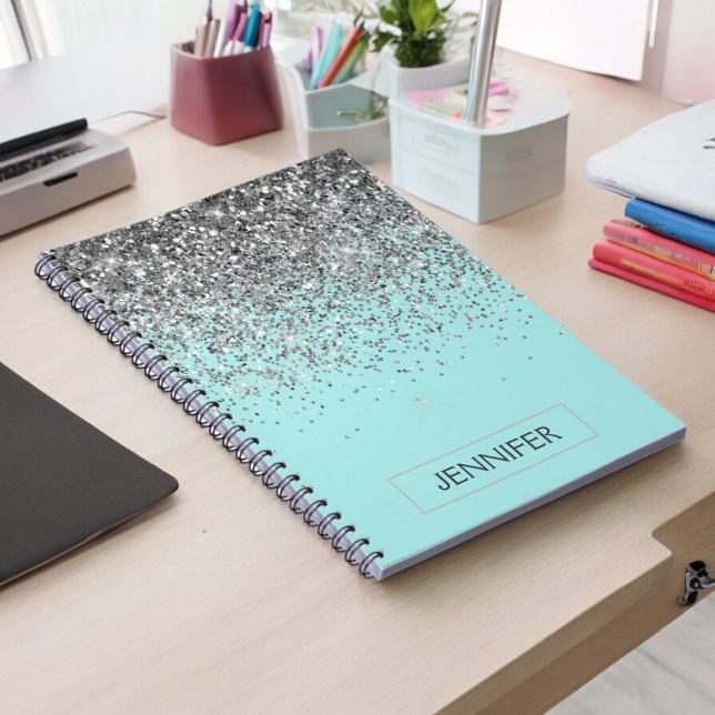 Teal Aqua Blue Silver Glitter Girly Monogram Name Notebook (Creator Uploaded)