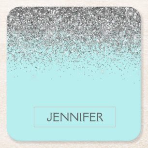 Teal Aqua Blue Silver Glitter Girly Monogram Name Square Paper Coaster