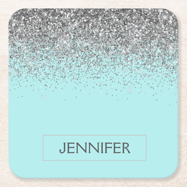 Teal Aqua Blue Silver Glitter Girly Monogram Name Square Paper Coaster (Front)