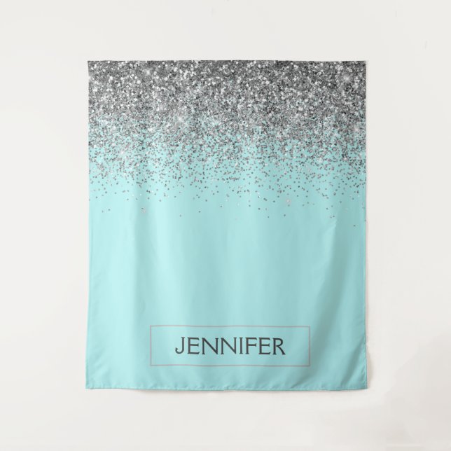 Teal Aqua Blue Silver Glitter Girly Monogram Name Tapestry (Front)