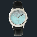 Teal Aqua Blue Silver Glitter Girly Monogram Name Watch<br><div class="desc">Aqua Blue Teal and Silver Sparkle Glitter Monogram Name Watch. This makes the perfect sweet 16 birthday,  wedding,  bridal shower,  anniversary,  baby shower or bachelorette party gift for someone that loves glam luxury and chic styles.</div>