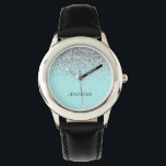 Teal Aqua Blue Silver Glitter Girly Monogram Name Watch<br><div class="desc">Aqua Blue Teal and Silver Sparkle Glitter Monogram Name Watch. This makes the perfect sweet 16 birthday, wedding, bridal shower, anniversary, baby shower or bachelorette party gift for someone that loves glam luxury and chic styles.</div>