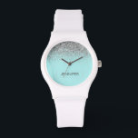 Teal Aqua Blue Silver Glitter Girly Monogram Name Watch<br><div class="desc">Aqua Blue Teal and Silver Sparkle Glitter Monogram Name Watch. This makes the perfect graduation,  birthday,  wedding,  bridal shower,  anniversary,  baby shower or bachelorette party gift for someone that loves glam luxury and chic styles.</div>