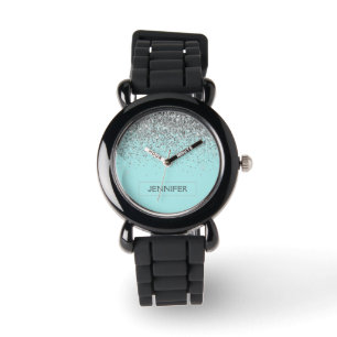 Teal Aqua Blue Silver Glitter Girly Monogram Name Watch