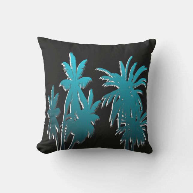 Teal Aqua Blue Tropical Palm Trees Black Outdoor Pillow (Front)