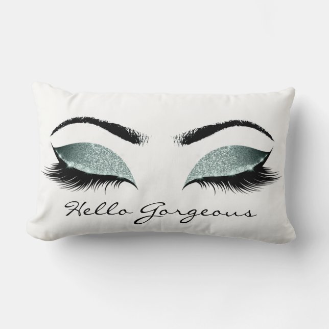Teal Aqua Blue White Makeup Lashes Hello Gorgeous Lumbar Pillow (Front)