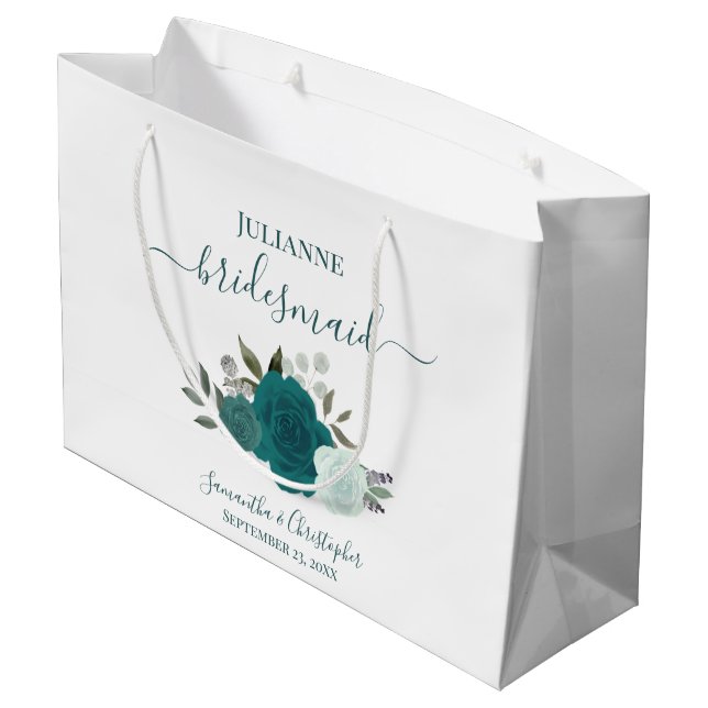 Teal & Aqua Boho Chic Roses Wedding Bridesmaid Large Gift Bag (Back Angled)