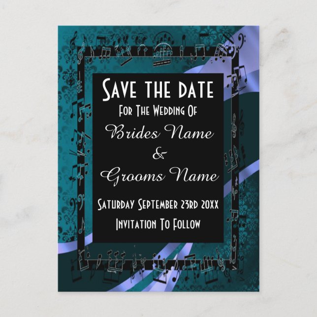 Teal aqua damask and black save the date announcement postcard (Front)