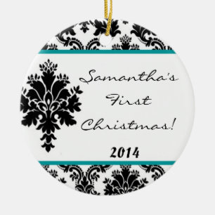 Teal Aqua Damask Lace Personalized Name Ornament