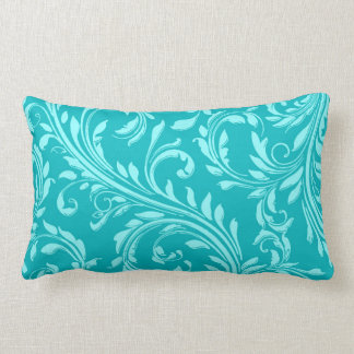 Teal, Aqua floral swirl damask lumbar throw pillow