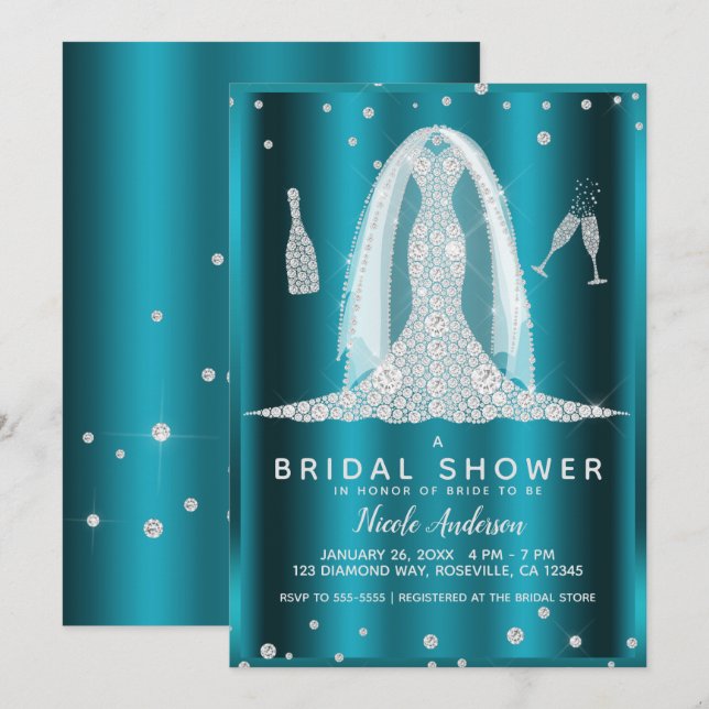 Teal Aqua Glam Diamond Wedding Dress Bridal Shower Invitation (Front/Back)