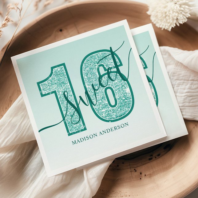 Teal Aqua Glitter Script Sweet 16 Birthday Napkin (Creator Uploaded)