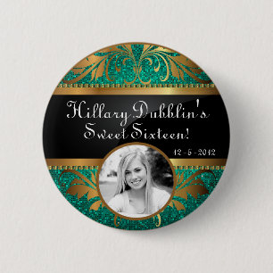 Teal Aqua Glitter Sequin Disco Glitz Photo Button