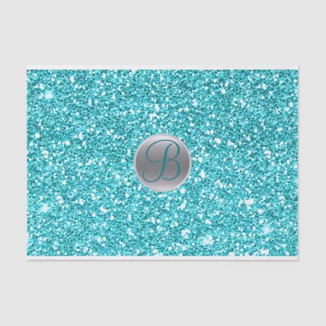 Teal Aqua Glitter Sparkle Glam Monogram Initial Tissue Paper (Front)