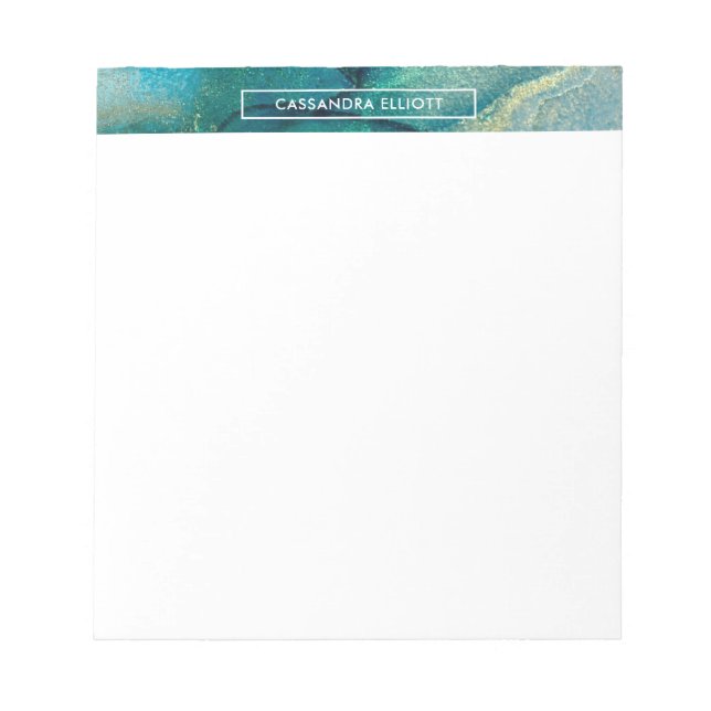 Teal, Aqua & Gold Alcohol Ink Liquid Abstract Art Notepad (Front)